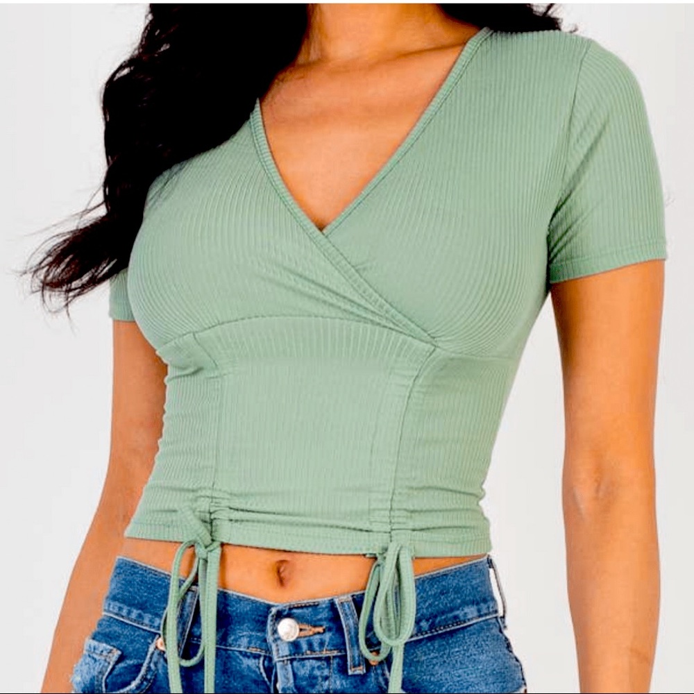Ribbed Ruched Drawstring Crop Top